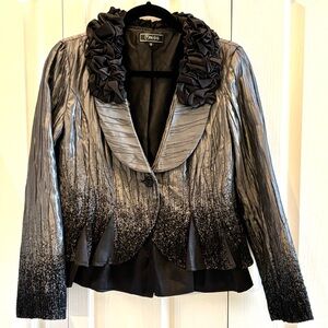 Minkas Metallic Silver and Black Blazer with Ruffle Collar